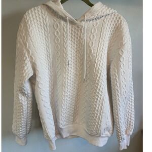 Womens White Cable Knit Hoodie Sweatshirt‎ Textured Pullover Large L